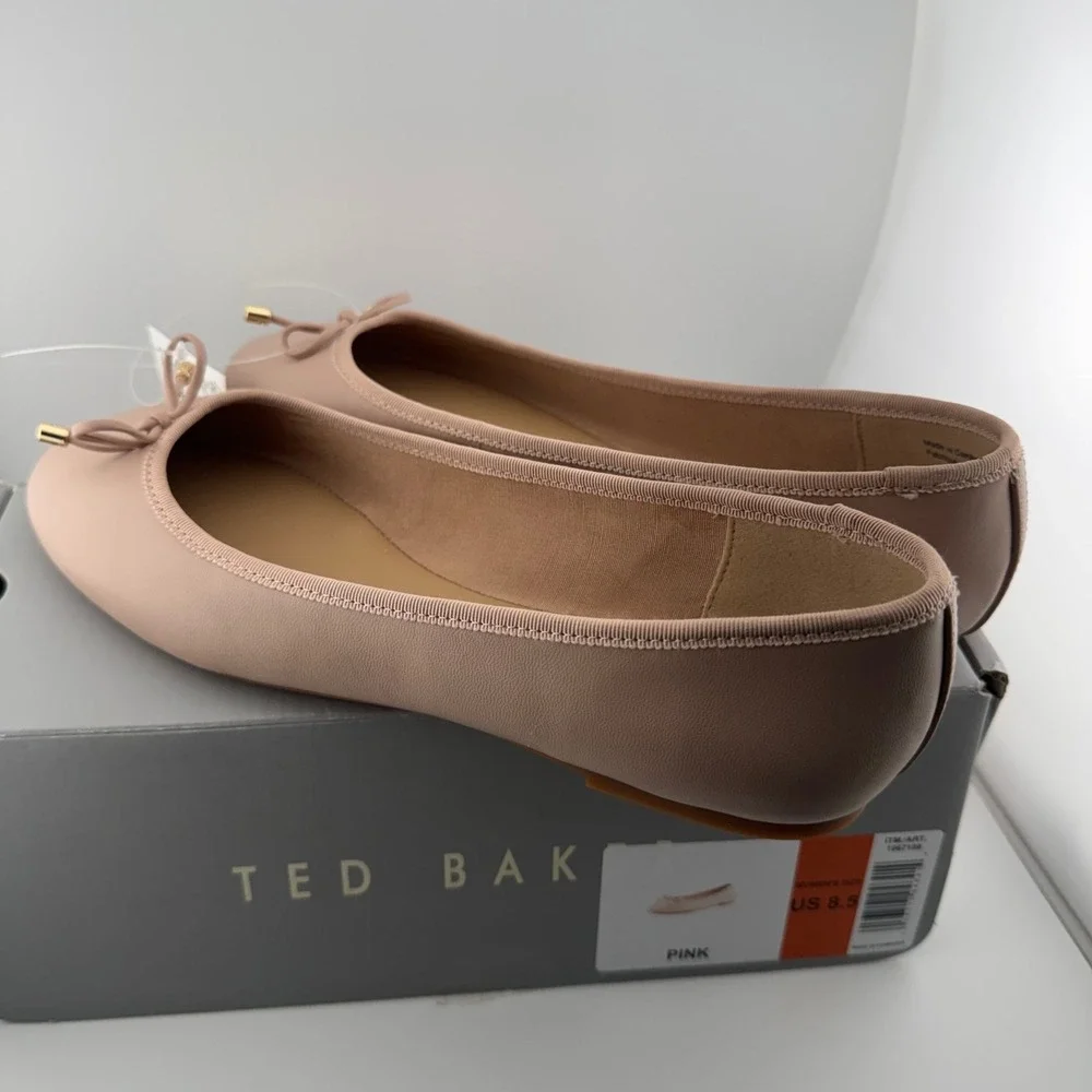 Ted Baker Ballet Flats Women 8.5 Pink NIB Bow Gold Hardware 1967199 Classic Chic